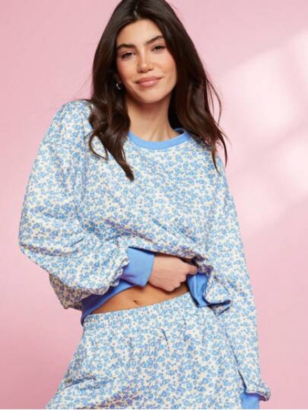 Women's Blue Floral Lounge Set - Cozy Sleep Top